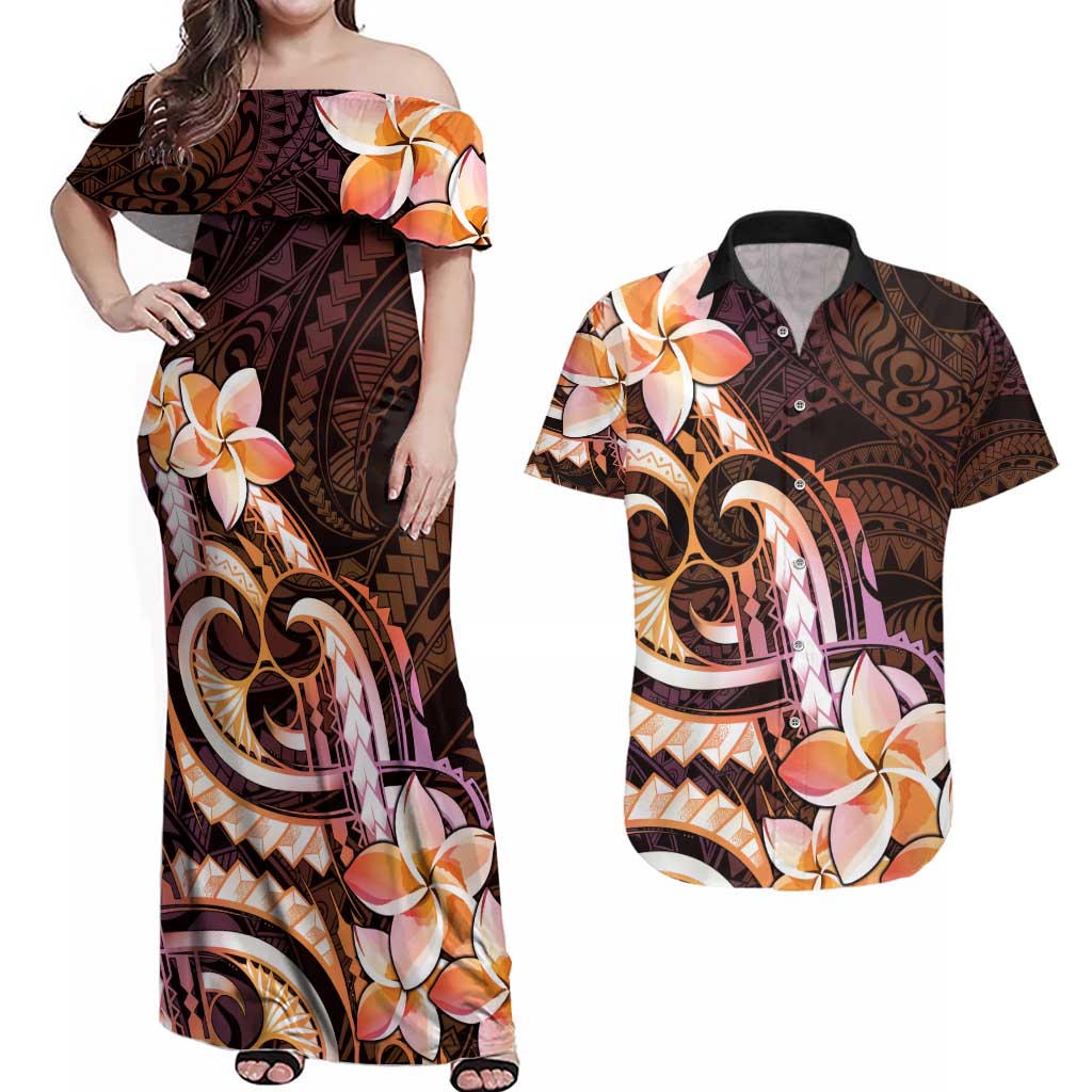 Polynesian Art Tattoo Couples Matching Off Shoulder Maxi Dress and Hawaiian Shirt Plumeria Flowers Peach Gradient LT05 Peach - Polynesian Pride