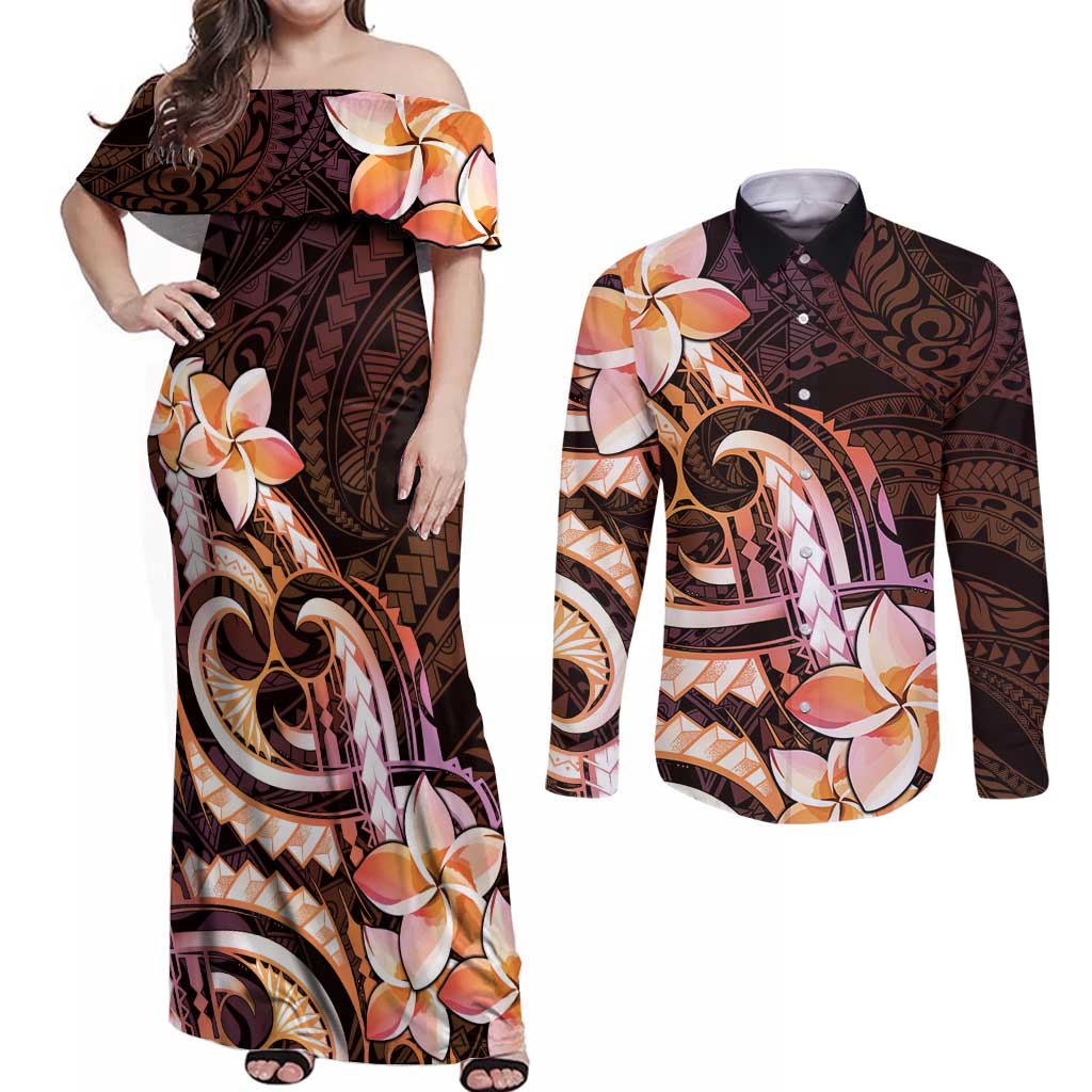 Polynesian Art Tattoo Couples Matching Off Shoulder Maxi Dress and Long Sleeve Button Shirt Plumeria Flowers Peach Gradient LT05 Peach - Polynesian Pride