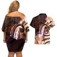 Polynesian Art Tattoo Couples Matching Off Shoulder Short Dress and Hawaiian Shirt Plumeria Flowers Peach Gradient LT05 - Polynesian Pride
