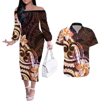 Polynesian Art Tattoo Couples Matching Off The Shoulder Long Sleeve Dress and Hawaiian Shirt Plumeria Flowers Peach Gradient LT05 Peach - Polynesian Pride