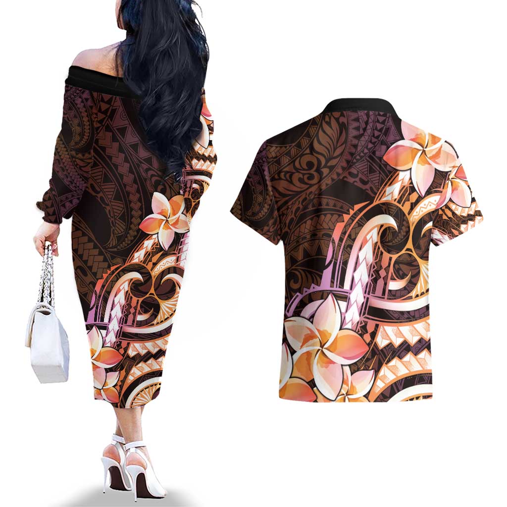 Polynesian Art Tattoo Couples Matching Off The Shoulder Long Sleeve Dress and Hawaiian Shirt Plumeria Flowers Peach Gradient LT05 - Polynesian Pride