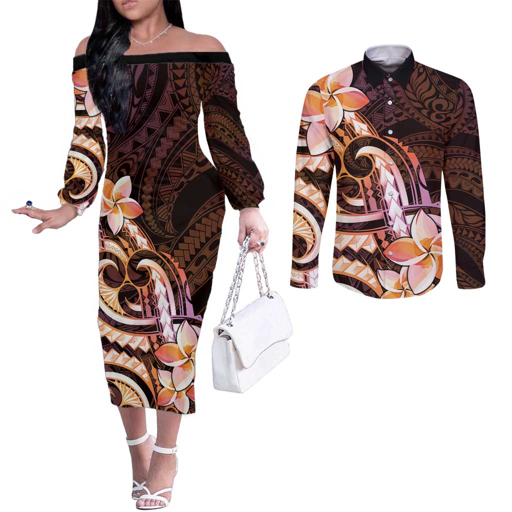 Polynesian Art Tattoo Couples Matching Off The Shoulder Long Sleeve Dress and Long Sleeve Button Shirt Plumeria Flowers Peach Gradient LT05 Peach - Polynesian Pride