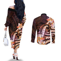 Polynesian Art Tattoo Couples Matching Off The Shoulder Long Sleeve Dress and Long Sleeve Button Shirt Plumeria Flowers Peach Gradient LT05 - Polynesian Pride