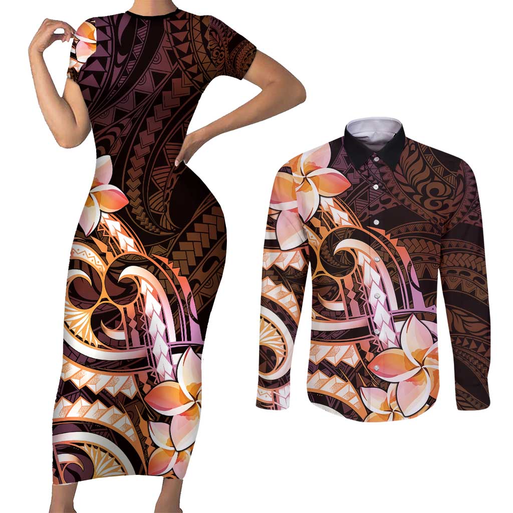 Polynesian Art Tattoo Couples Matching Short Sleeve Bodycon Dress and Long Sleeve Button Shirt Plumeria Flowers Peach Gradient LT05 Peach - Polynesian Pride