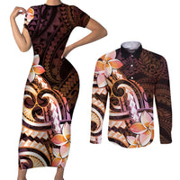 Polynesian Art Tattoo Couples Matching Short Sleeve Bodycon Dress and Long Sleeve Button Shirt Plumeria Flowers Peach Gradient LT05 Peach - Polynesian Pride