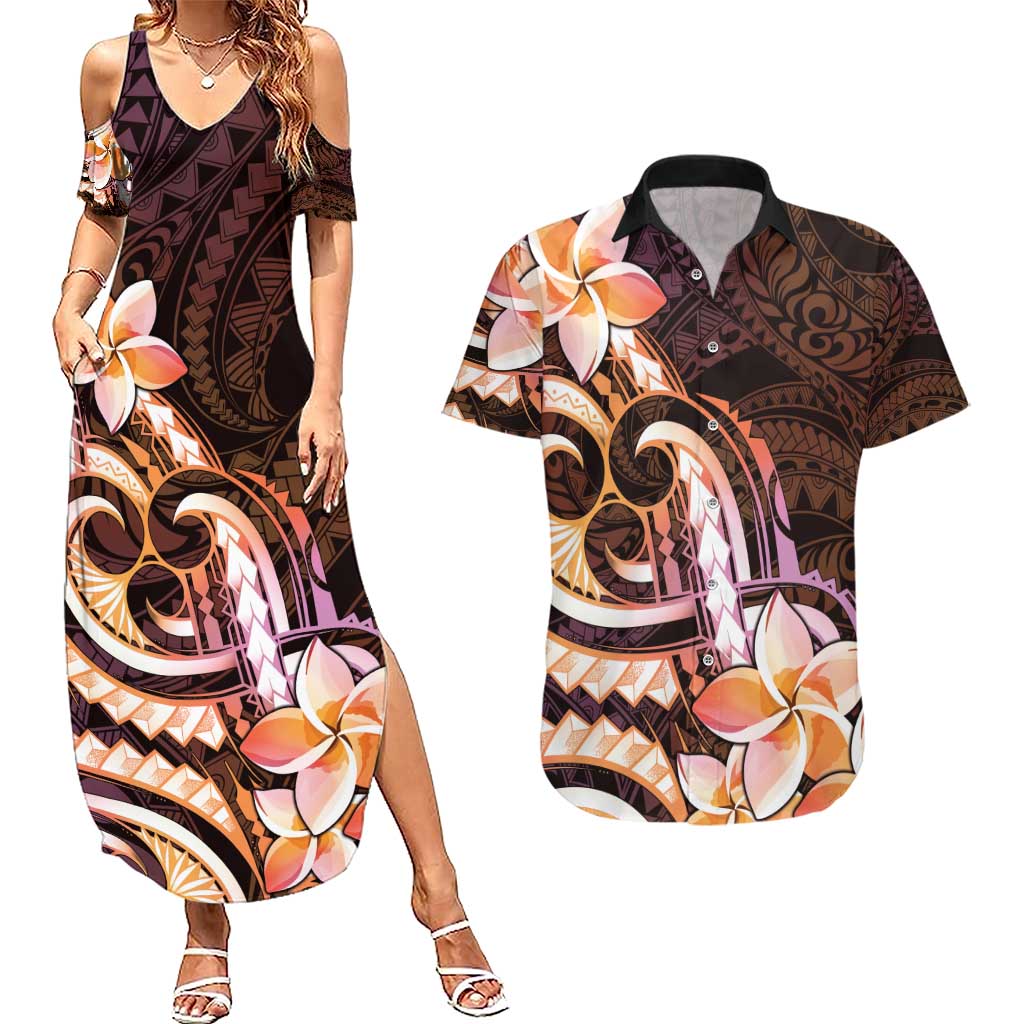 Polynesian Art Tattoo Couples Matching Summer Maxi Dress and Hawaiian Shirt Plumeria Flowers Peach Gradient LT05 Peach - Polynesian Pride