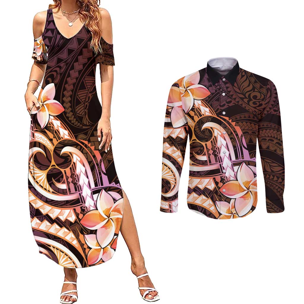 Polynesian Art Tattoo Couples Matching Summer Maxi Dress and Long Sleeve Button Shirt Plumeria Flowers Peach Gradient LT05 Peach - Polynesian Pride