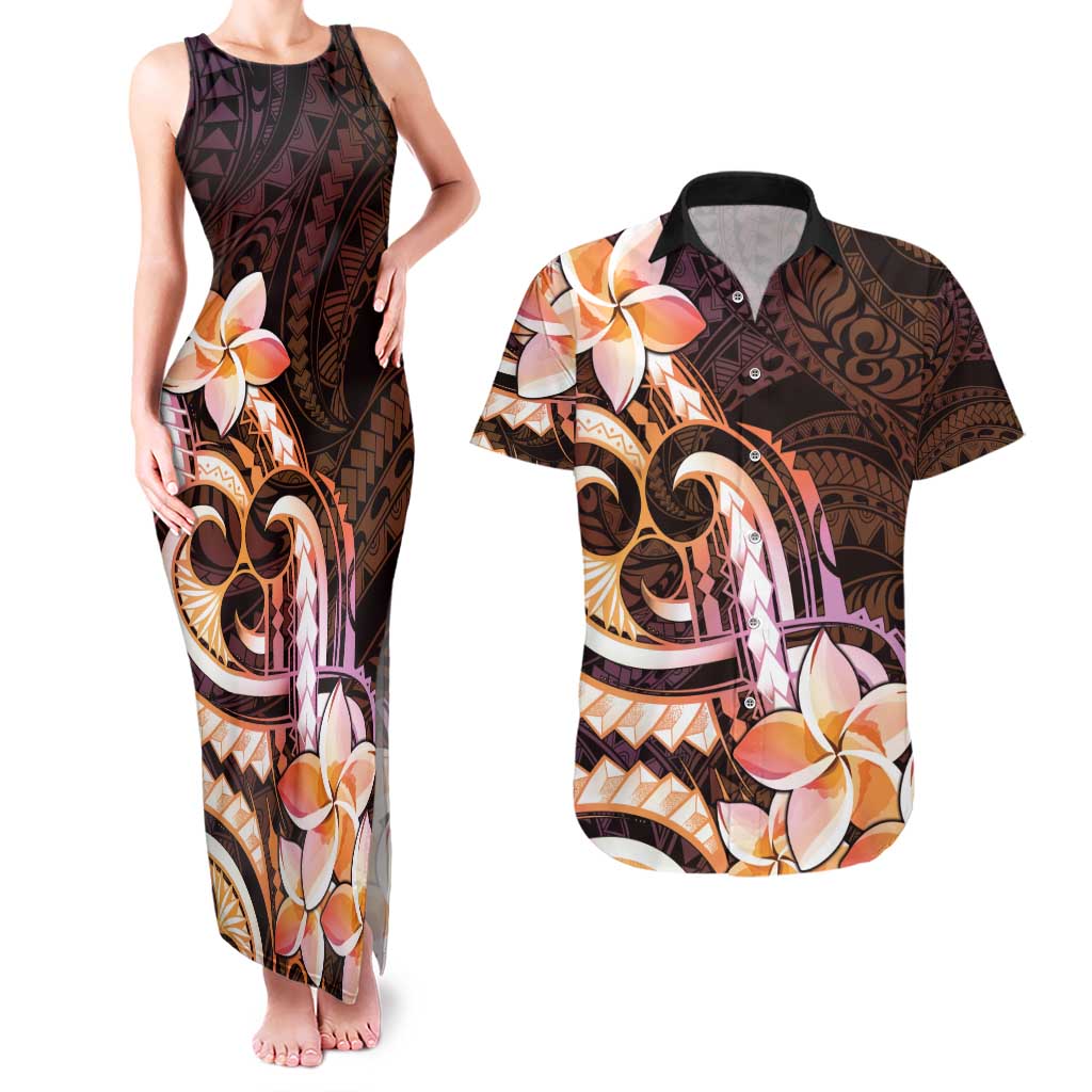 Polynesian Art Tattoo Couples Matching Tank Maxi Dress and Hawaiian Shirt Plumeria Flowers Peach Gradient LT05 Peach - Polynesian Pride