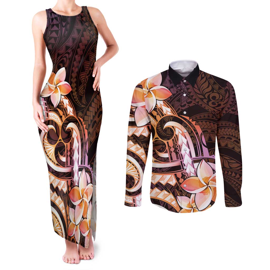 Polynesian Art Tattoo Couples Matching Tank Maxi Dress and Long Sleeve Button Shirt Plumeria Flowers Peach Gradient LT05 Peach - Polynesian Pride