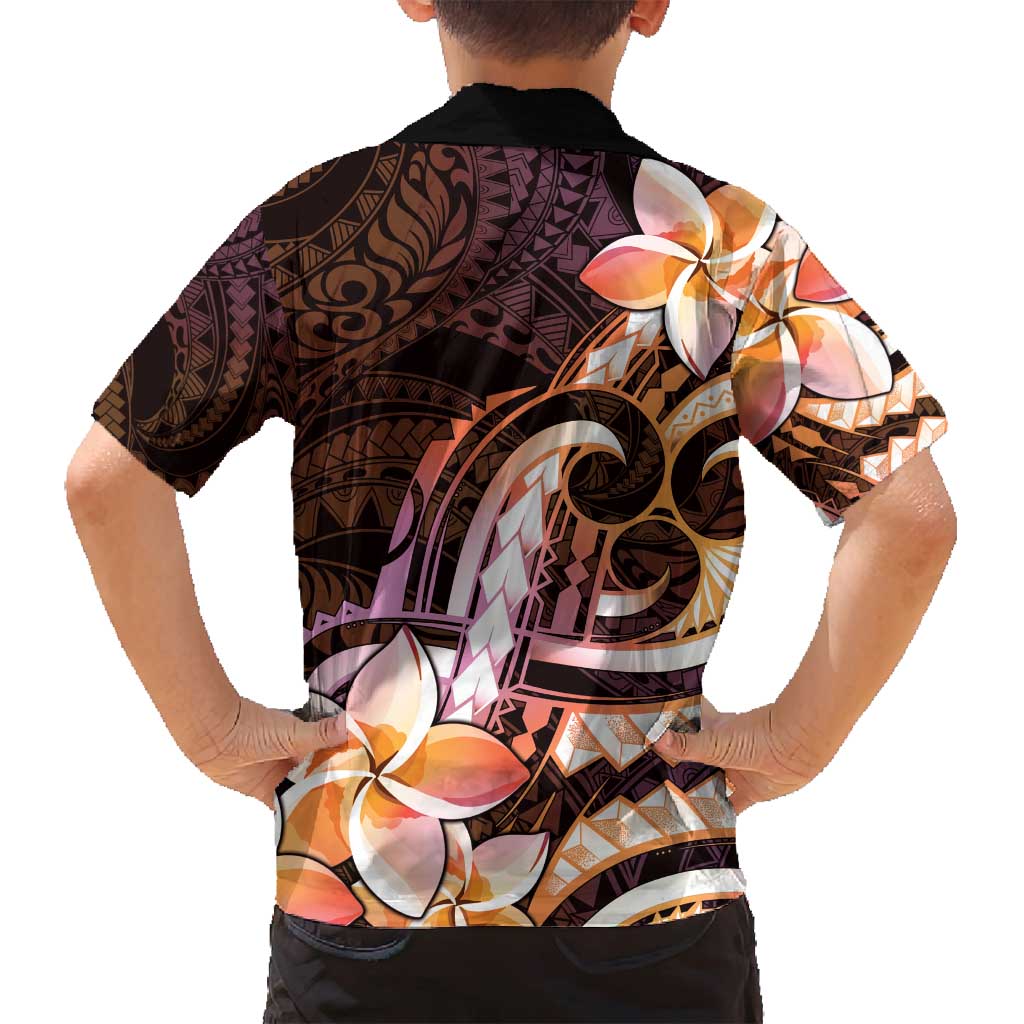 Polynesian Art Tattoo Family Matching Long Sleeve Bodycon Dress and Hawaiian Shirt Plumeria Flowers Peach Gradient LT05 - Polynesian Pride