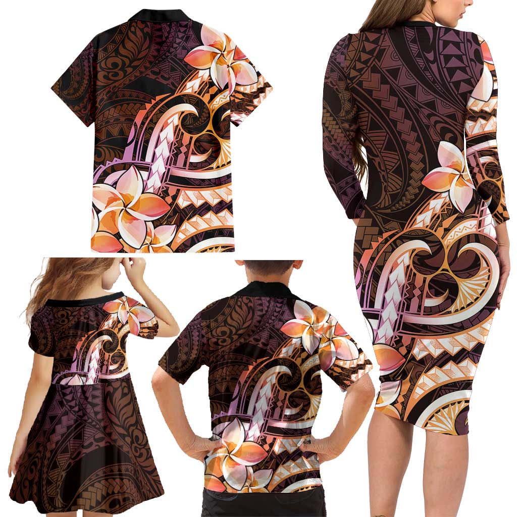 Polynesian Art Tattoo Family Matching Long Sleeve Bodycon Dress and Hawaiian Shirt Plumeria Flowers Peach Gradient LT05 - Polynesian Pride