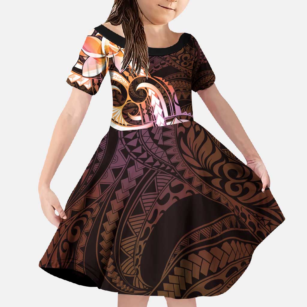Polynesian Art Tattoo Family Matching Mermaid Dress and Hawaiian Shirt Plumeria Flowers Peach Gradient LT05 Daughter's Dress Peach - Polynesian Pride