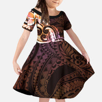 Polynesian Art Tattoo Family Matching Off The Shoulder Long Sleeve Dress and Hawaiian Shirt Plumeria Flowers Peach Gradient LT05 Daughter's Dress Peach - Polynesian Pride