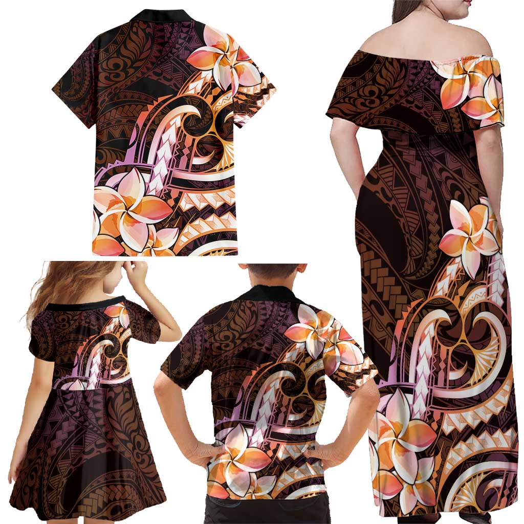 Polynesian Art Tattoo Family Matching Off Shoulder Maxi Dress and Hawaiian Shirt Plumeria Flowers Peach Gradient LT05 - Polynesian Pride