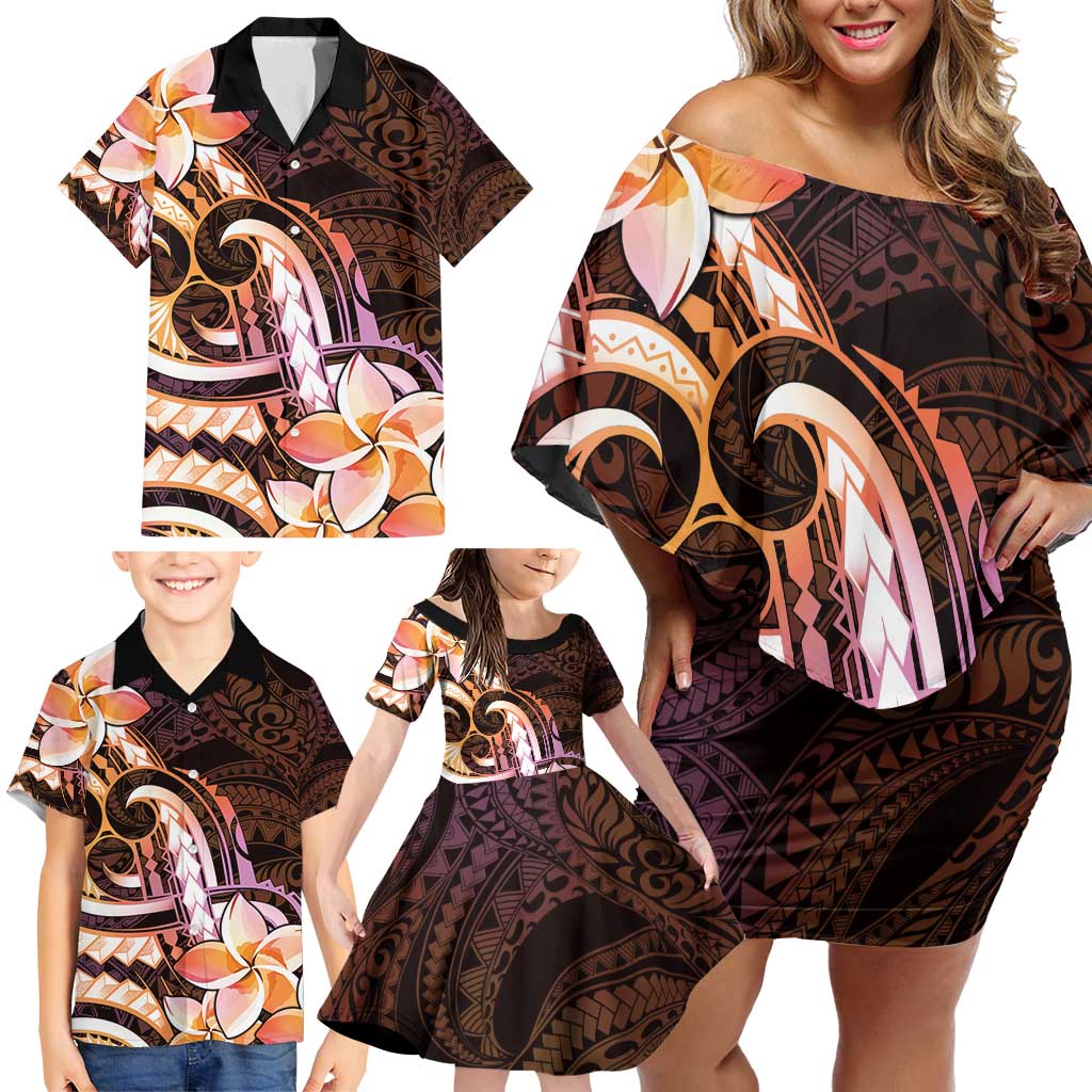 Polynesian Art Tattoo Family Matching Off Shoulder Short Dress and Hawaiian Shirt Plumeria Flowers Peach Gradient LT05 - Polynesian Pride