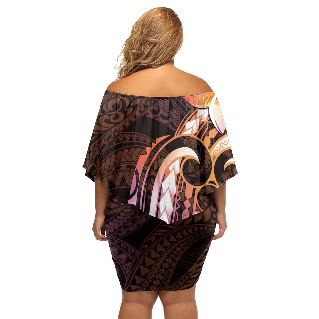 Polynesian Art Tattoo Family Matching Off Shoulder Short Dress and Hawaiian Shirt Plumeria Flowers Peach Gradient LT05 - Polynesian Pride