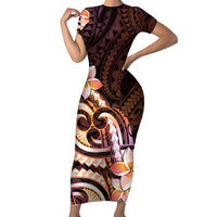 Polynesian Art Tattoo Family Matching Short Sleeve Bodycon Dress and Hawaiian Shirt Plumeria Flowers Peach Gradient LT05 Mom's Dress Peach - Polynesian Pride