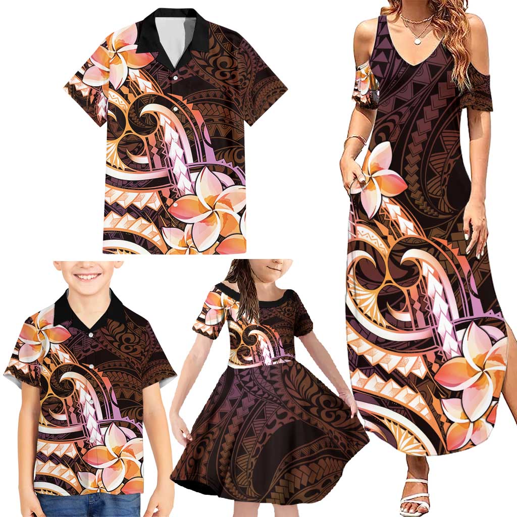 Polynesian Art Tattoo Family Matching Summer Maxi Dress and Hawaiian Shirt Plumeria Flowers Peach Gradient LT05 - Polynesian Pride