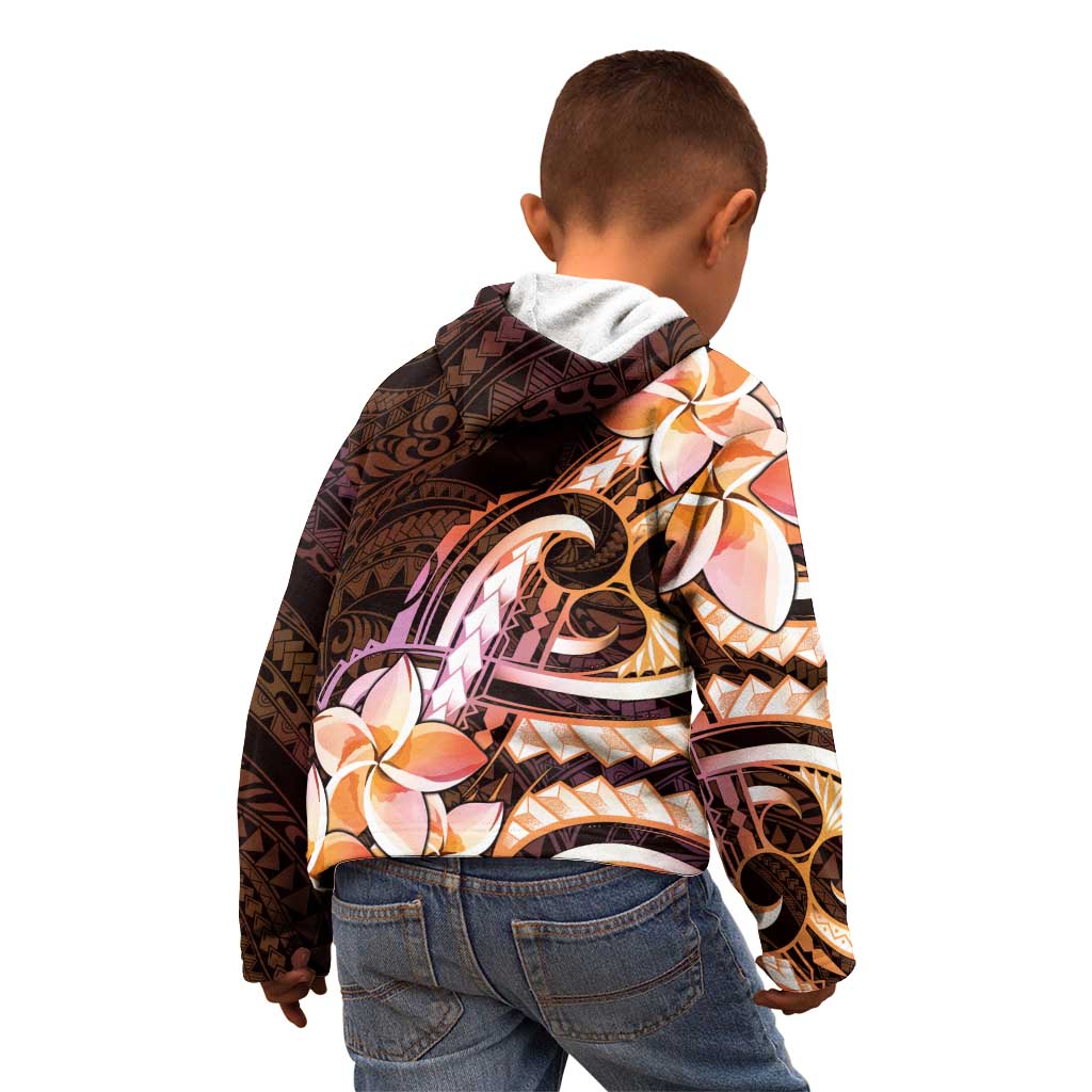 Polynesian Art Tattoo Kid Hoodie Plumeria Flowers Peach Gradient
