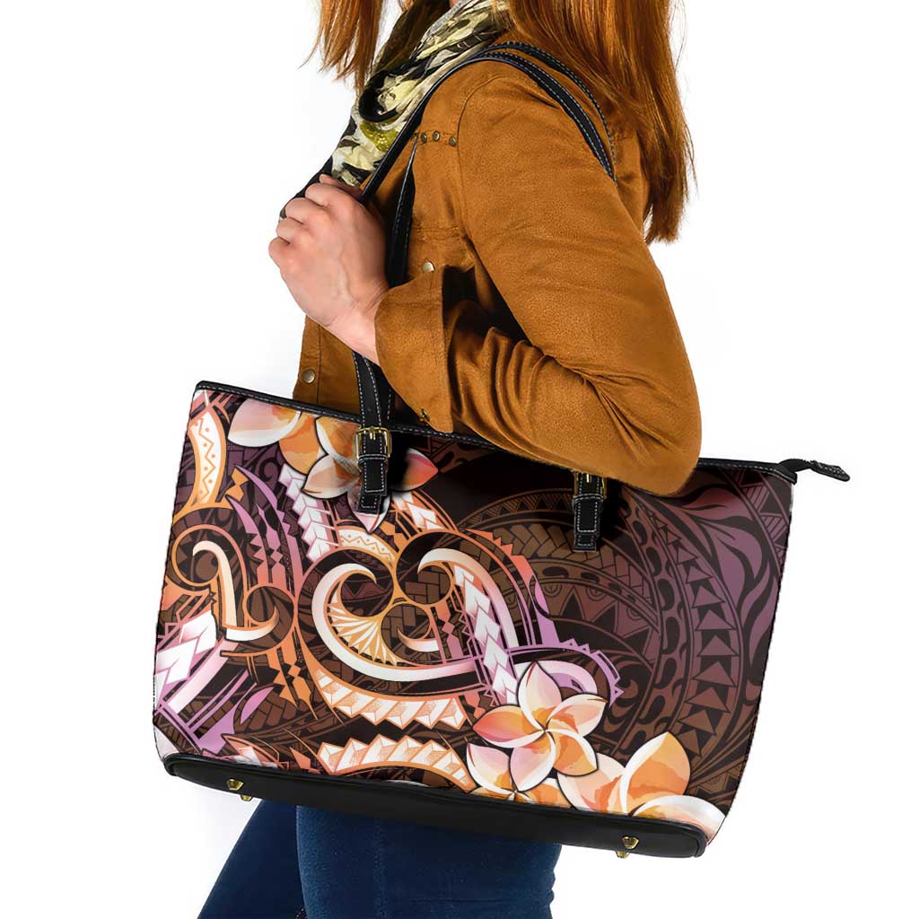 Polynesian Art Tattoo Leather Tote Bag Plumeria Flowers Peach Gradient LT05 Peach - Polynesian Pride