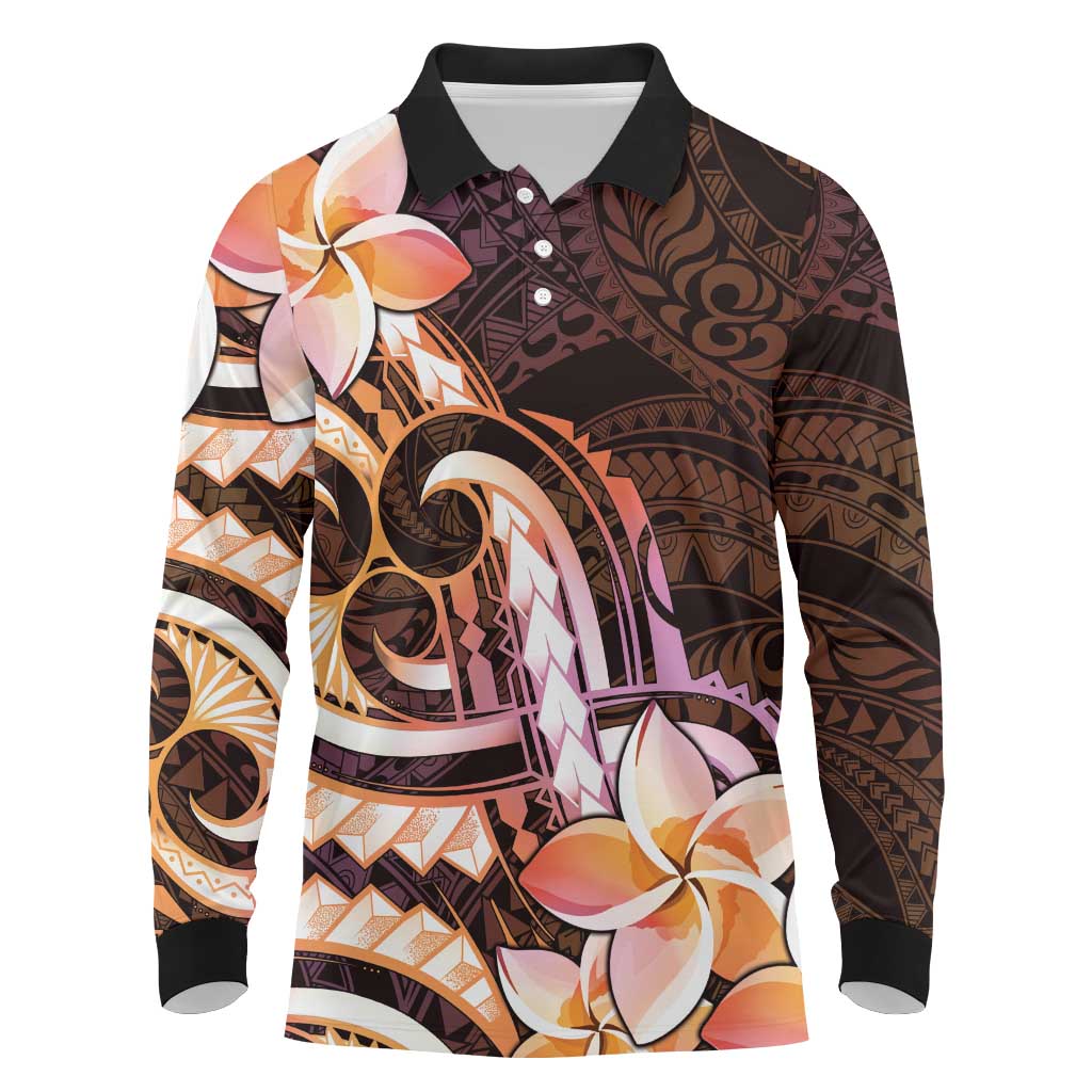 Polynesian Art Tattoo Long Sleeve Polo Shirt Plumeria Flowers Peach Gradient LT05 Peach - Polynesian Pride