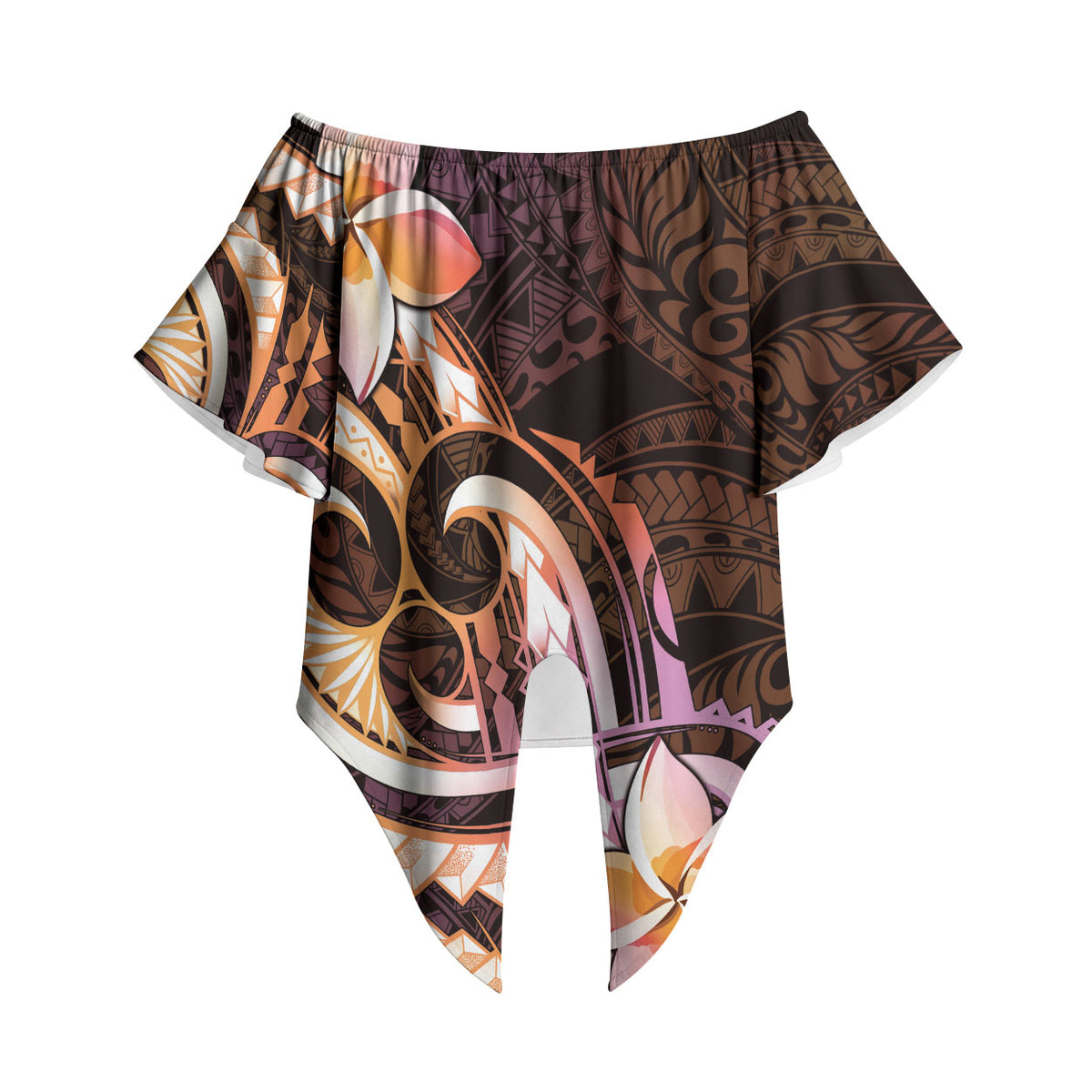 Polynesian Art Tattoo Off Shoulder Wrap Waist Top Plumeria Flowers Peach Gradient LT05 Peach - Polynesian Pride