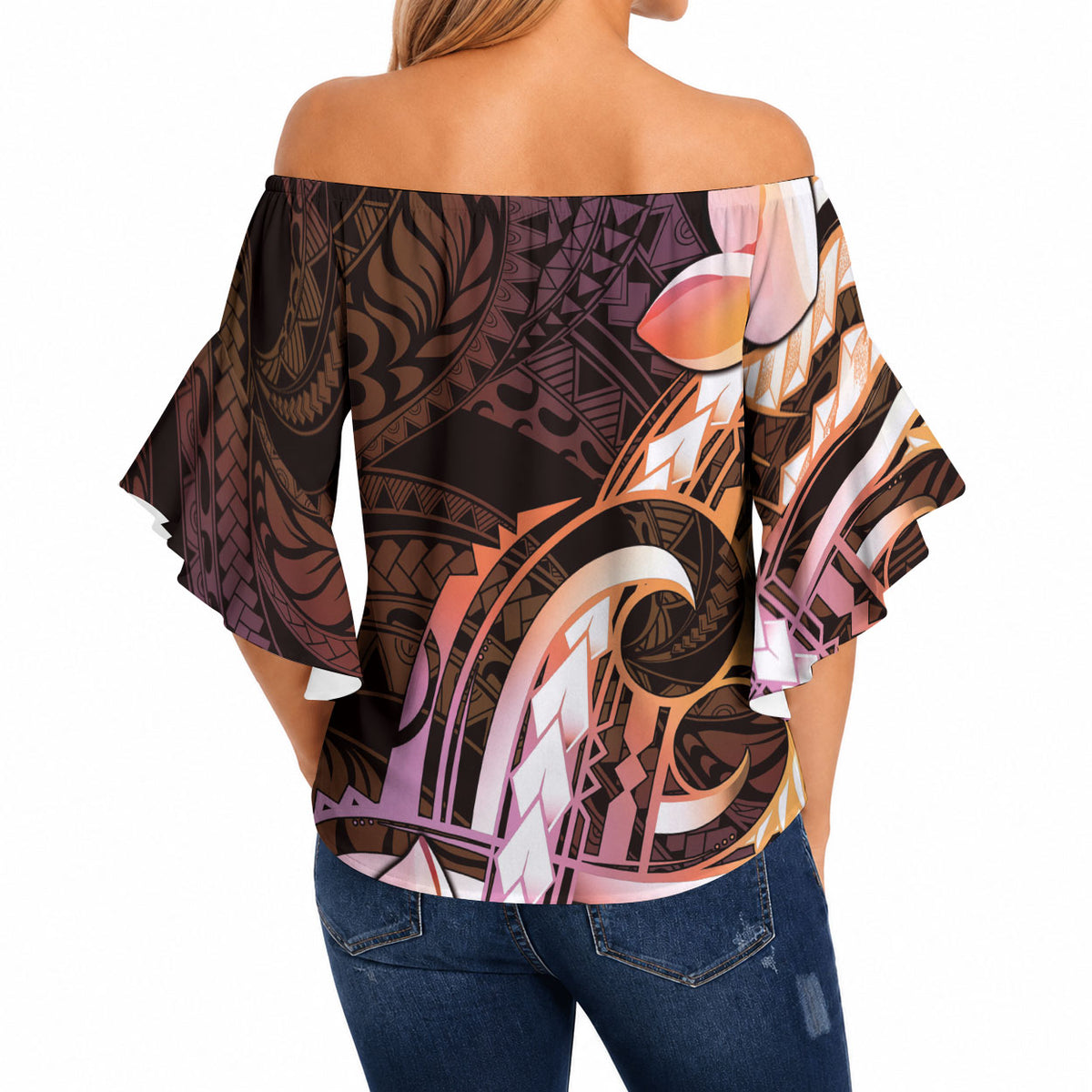Polynesian Art Tattoo Off Shoulder Wrap Waist Top Plumeria Flowers Peach Gradient LT05 - Polynesian Pride