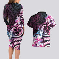 Polynesian Art Tattoo Couples Matching Long Sleeve Bodycon Dress and Hawaiian Shirt Plumeria Flowers Pink Gradient LT05 - Polynesian Pride