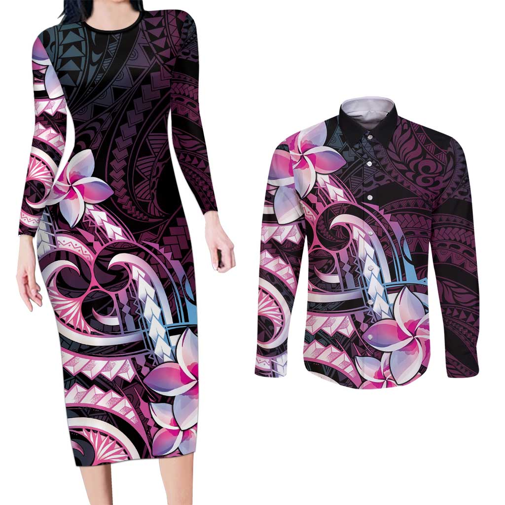 Polynesian Art Tattoo Couples Matching Long Sleeve Bodycon Dress and Long Sleeve Button Shirt Plumeria Flowers Pink Gradient LT05 Pink - Polynesian Pride