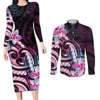 Polynesian Art Tattoo Couples Matching Long Sleeve Bodycon Dress and Long Sleeve Button Shirt Plumeria Flowers Pink Gradient LT05 Pink - Polynesian Pride