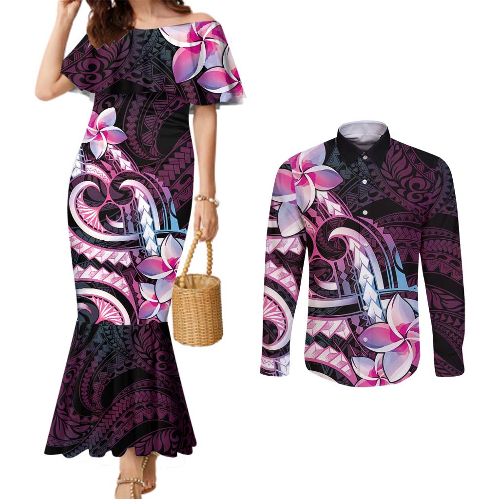 Polynesian Art Tattoo Couples Matching Mermaid Dress and Long Sleeve Button Shirt Plumeria Flowers Pink Gradient LT05 Pink - Polynesian Pride