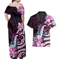 Polynesian Art Tattoo Couples Matching Off Shoulder Maxi Dress and Hawaiian Shirt Plumeria Flowers Pink Gradient LT05 - Polynesian Pride