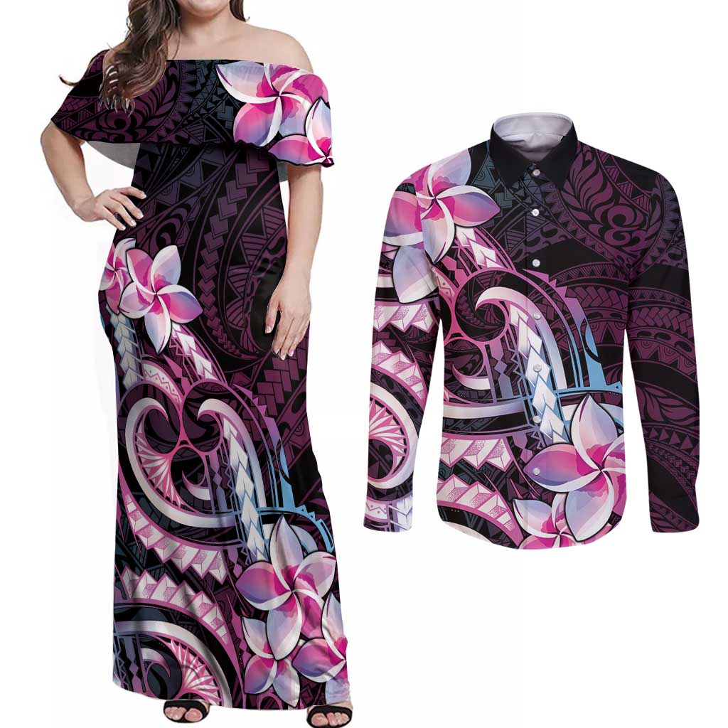 Polynesian Art Tattoo Couples Matching Off Shoulder Maxi Dress and Long Sleeve Button Shirt Plumeria Flowers Pink Gradient LT05 Pink - Polynesian Pride