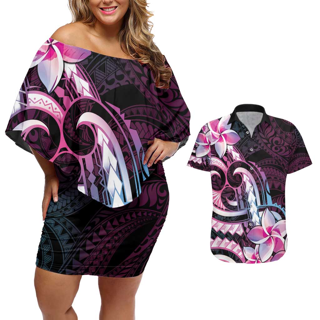 Polynesian Art Tattoo Couples Matching Off Shoulder Short Dress and Hawaiian Shirt Plumeria Flowers Pink Gradient LT05 Pink - Polynesian Pride