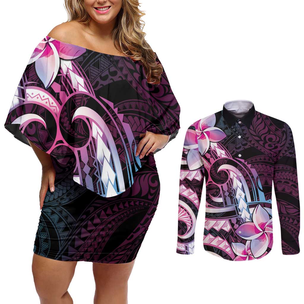 Polynesian Art Tattoo Couples Matching Off Shoulder Short Dress and Long Sleeve Button Shirt Plumeria Flowers Pink Gradient LT05 Pink - Polynesian Pride