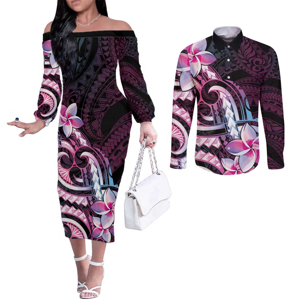 Polynesian Art Tattoo Couples Matching Off The Shoulder Long Sleeve Dress and Long Sleeve Button Shirt Plumeria Flowers Pink Gradient LT05 Pink - Polynesian Pride