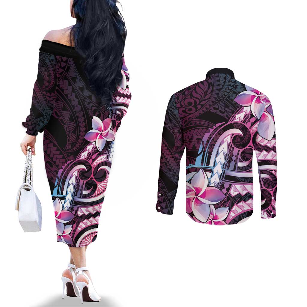 Polynesian Art Tattoo Couples Matching Off The Shoulder Long Sleeve Dress and Long Sleeve Button Shirt Plumeria Flowers Pink Gradient LT05 - Polynesian Pride