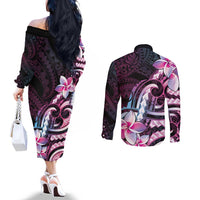 Polynesian Art Tattoo Couples Matching Off The Shoulder Long Sleeve Dress and Long Sleeve Button Shirt Plumeria Flowers Pink Gradient LT05 - Polynesian Pride