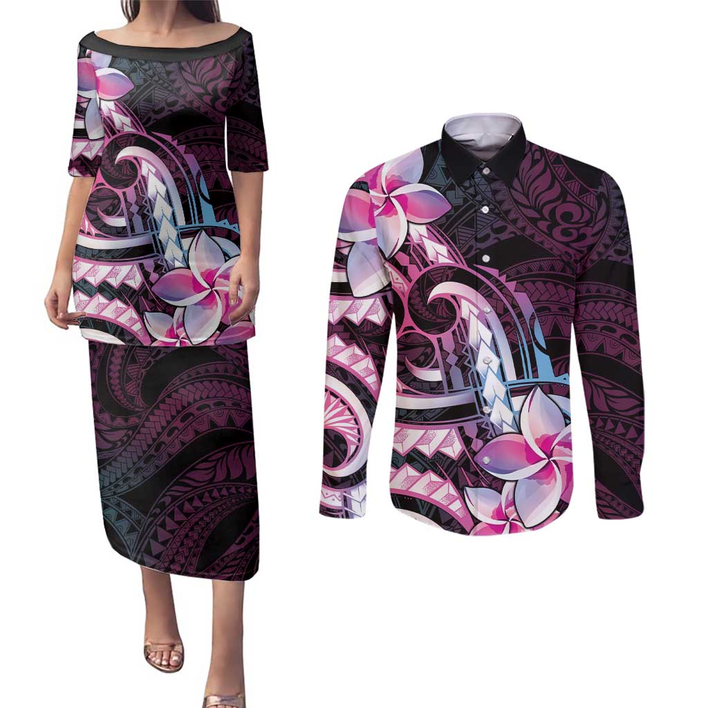 Polynesian Art Tattoo Couples Matching Puletasi and Long Sleeve Button Shirt Plumeria Flowers Pink Gradient LT05 Pink - Polynesian Pride