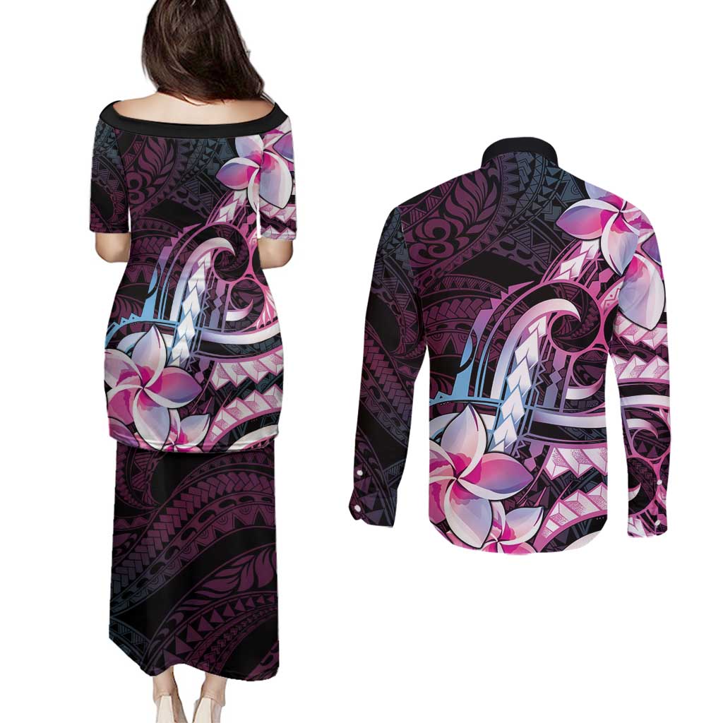 Polynesian Art Tattoo Couples Matching Puletasi and Long Sleeve Button Shirt Plumeria Flowers Pink Gradient