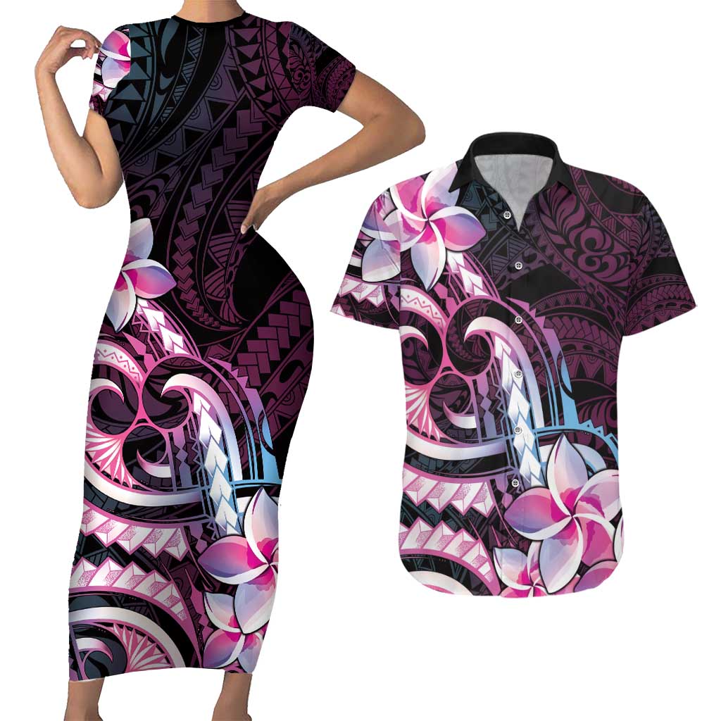 Polynesian Art Tattoo Couples Matching Short Sleeve Bodycon Dress and Hawaiian Shirt Plumeria Flowers Pink Gradient LT05 Pink - Polynesian Pride