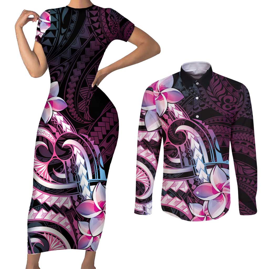 Polynesian Art Tattoo Couples Matching Short Sleeve Bodycon Dress and Long Sleeve Button Shirt Plumeria Flowers Pink Gradient LT05 Pink - Polynesian Pride