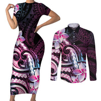 Polynesian Art Tattoo Couples Matching Short Sleeve Bodycon Dress and Long Sleeve Button Shirt Plumeria Flowers Pink Gradient LT05 Pink - Polynesian Pride