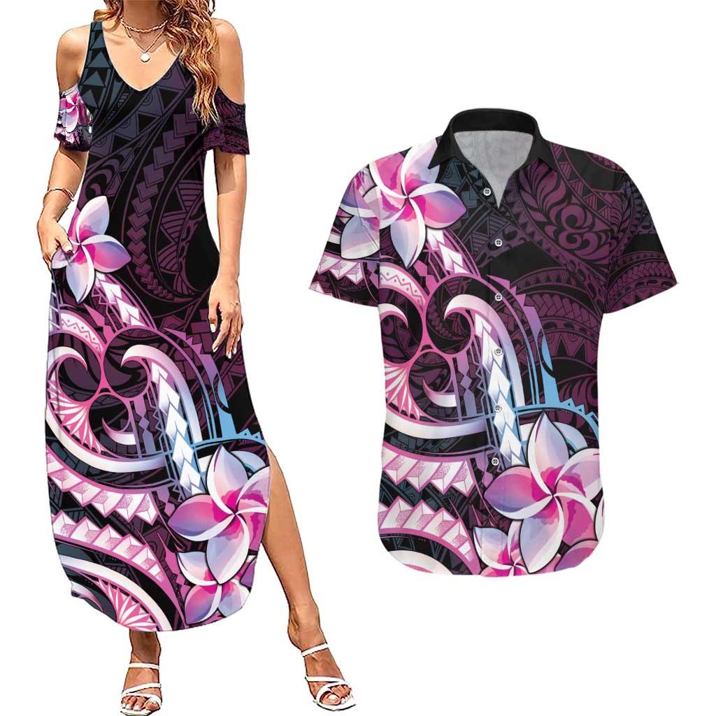 Polynesian Art Tattoo Couples Matching Summer Maxi Dress and Hawaiian Shirt Plumeria Flowers Pink Gradient LT05 Pink - Polynesian Pride