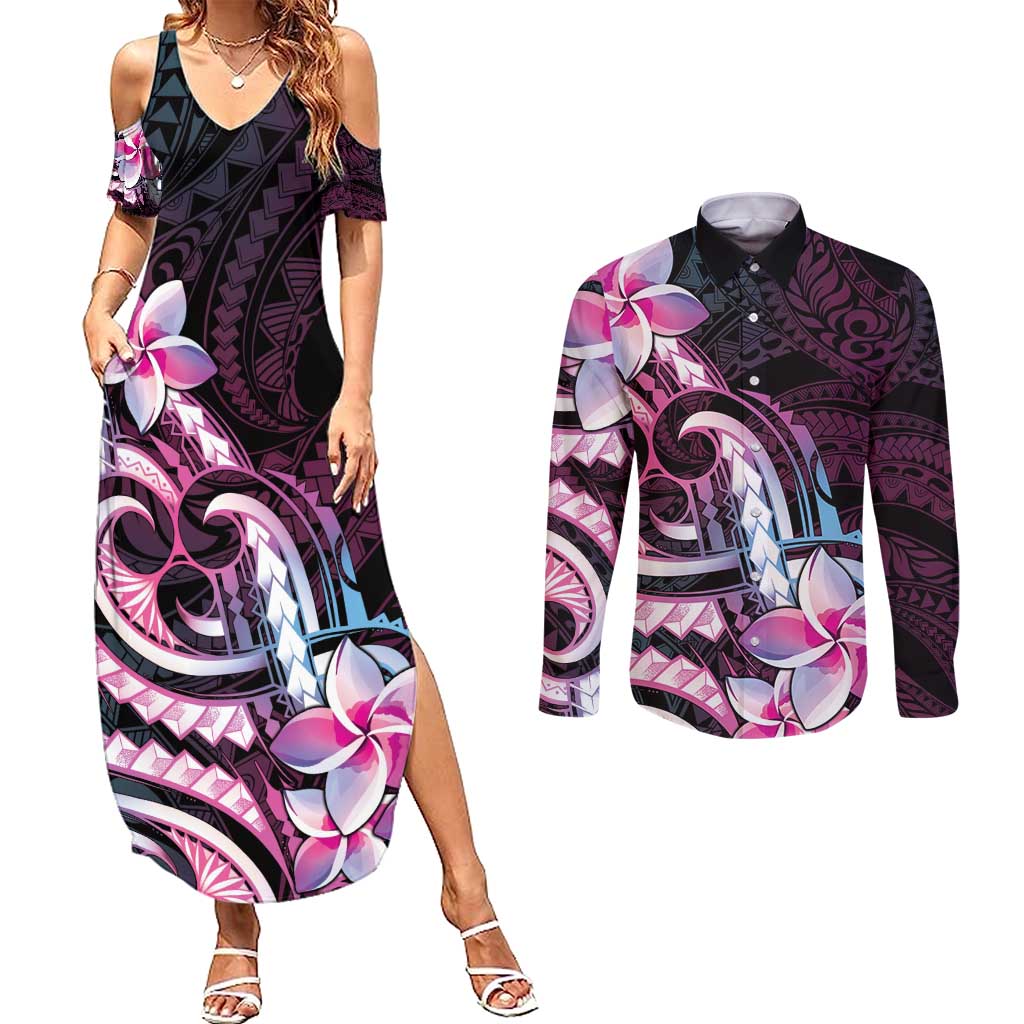 Polynesian Art Tattoo Couples Matching Summer Maxi Dress and Long Sleeve Button Shirt Plumeria Flowers Pink Gradient LT05 Pink - Polynesian Pride