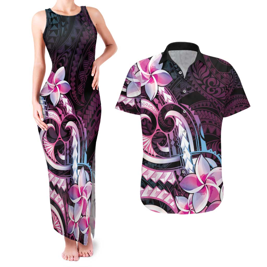 Polynesian Art Tattoo Couples Matching Tank Maxi Dress and Hawaiian Shirt Plumeria Flowers Pink Gradient LT05 Pink - Polynesian Pride