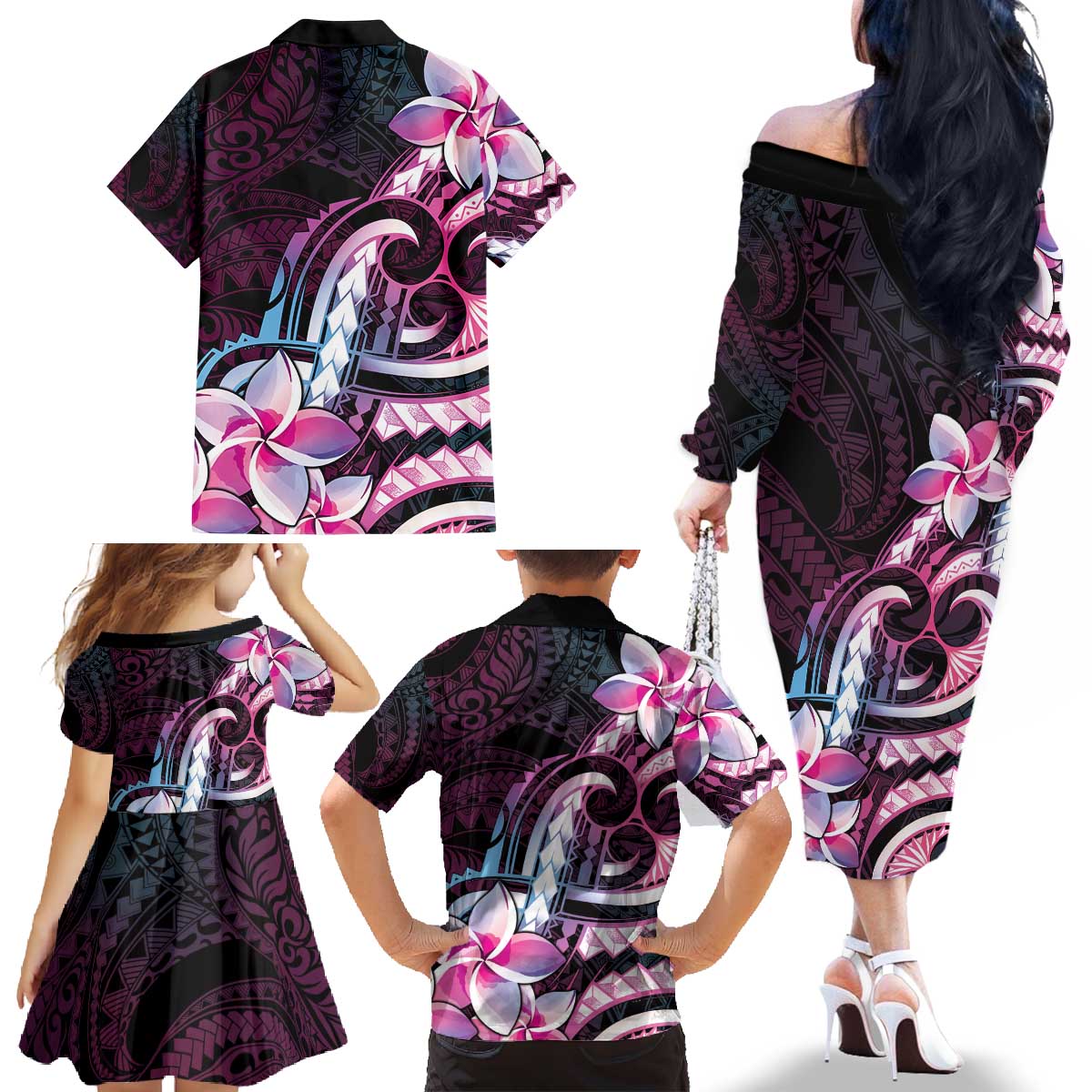 Polynesian Art Tattoo Family Matching Off The Shoulder Long Sleeve Dress and Hawaiian Shirt Plumeria Flowers Pink Gradient LT05 - Polynesian Pride