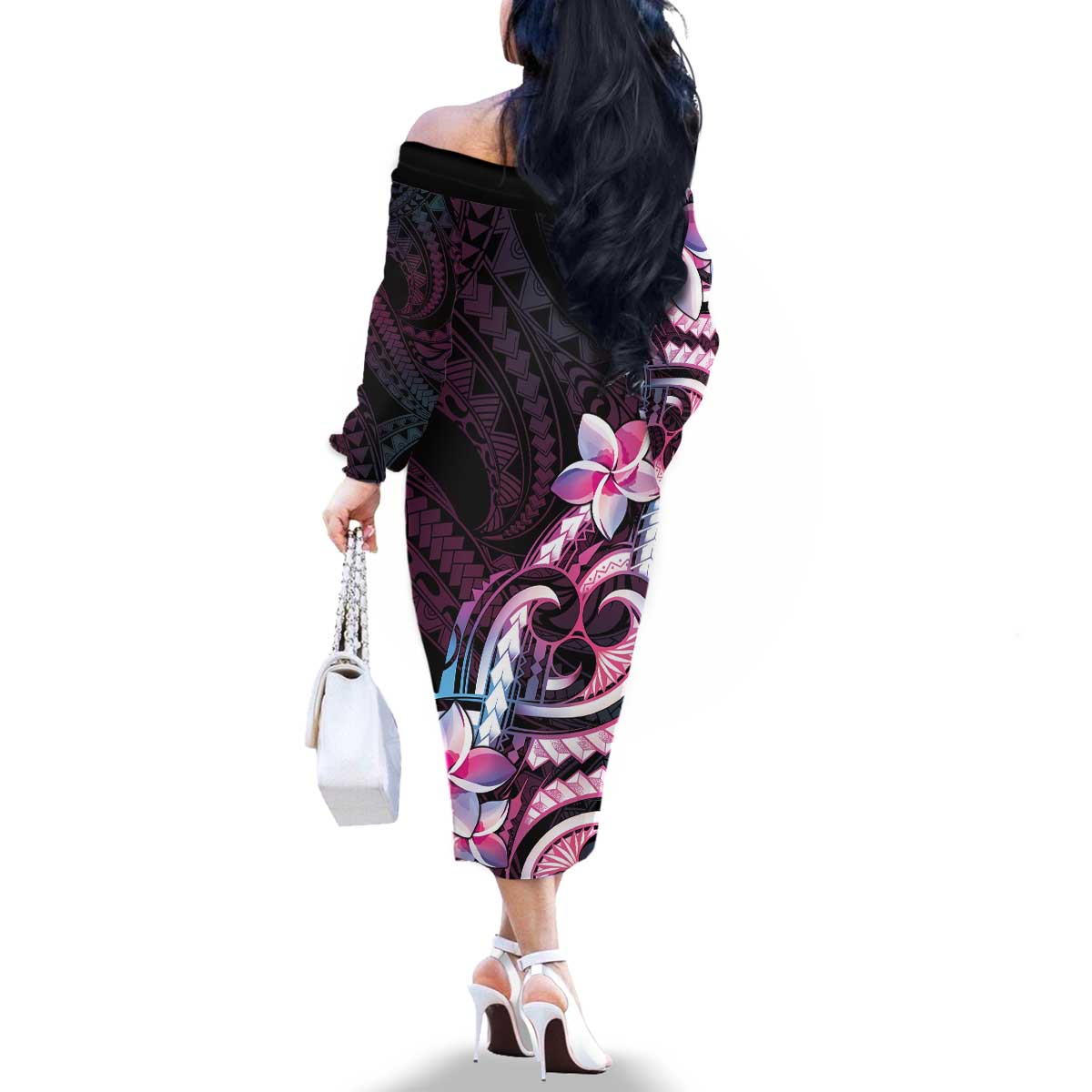 Polynesian Art Tattoo Family Matching Off The Shoulder Long Sleeve Dress and Hawaiian Shirt Plumeria Flowers Pink Gradient LT05 - Polynesian Pride