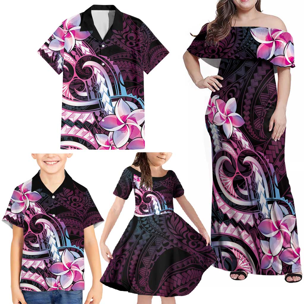 Polynesian Art Tattoo Family Matching Off Shoulder Maxi Dress and Hawaiian Shirt Plumeria Flowers Pink Gradient LT05 - Polynesian Pride