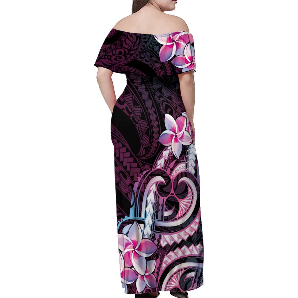 Polynesian Art Tattoo Family Matching Off Shoulder Maxi Dress and Hawaiian Shirt Plumeria Flowers Pink Gradient LT05 - Polynesian Pride